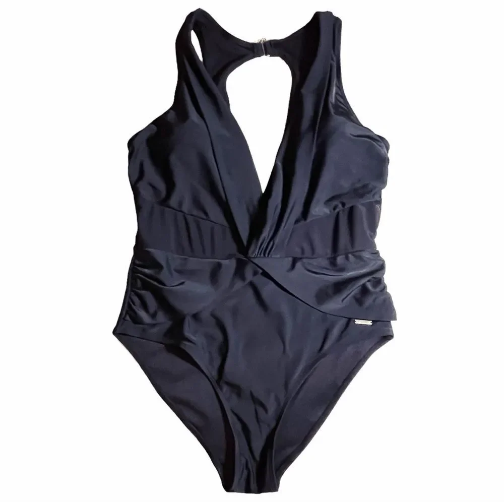 Nicole Miller Plunge Neckline Mesh Illusion Black One Piece Swimsuit Size 12